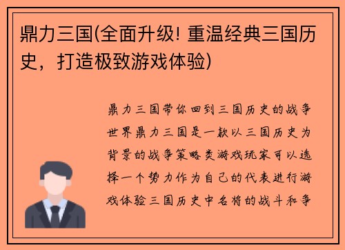 鼎力三国(全面升级! 重温经典三国历史，打造极致游戏体验)